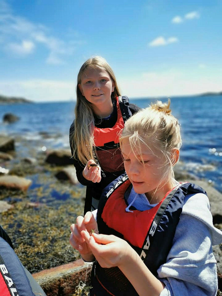 Friluftsskole 10-13 år i Skråvika i Larvik 05.-08.07.2021. Setting av krabbeteiner og krabber til lunsj.