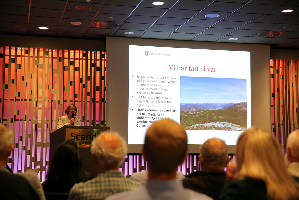 Astrid Byrknes, ordfører i Lindås kommune, på talerstolen. Olje- og energidepartementet innspillsmøte Nasjonal ramme, Bergen 23. mai 2019.