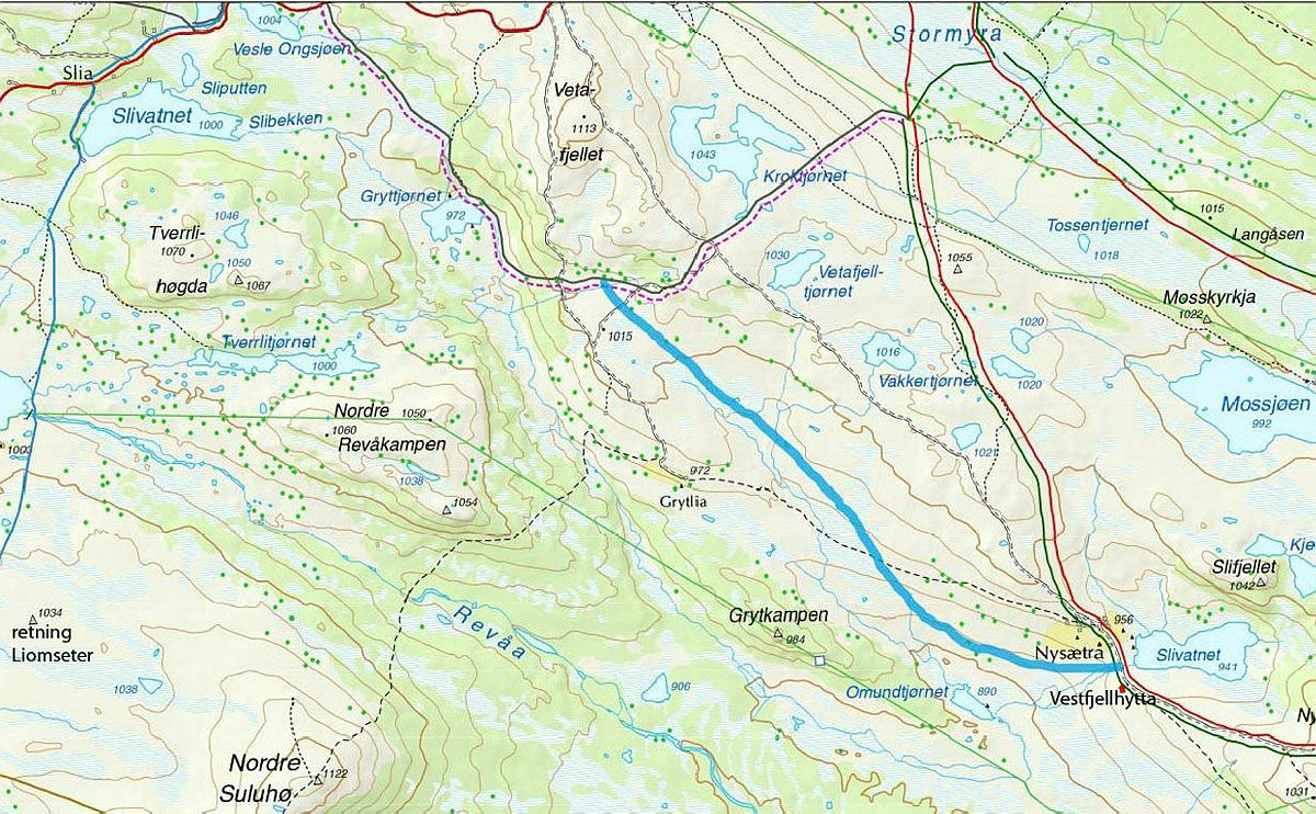 Blått viser ny stikket skiløype mellom Vestfjellhytta og Liomsæter