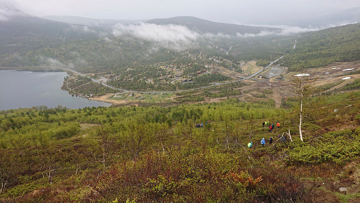 Utsikt over hyttefeltet og Lemonsjøen under skodda.